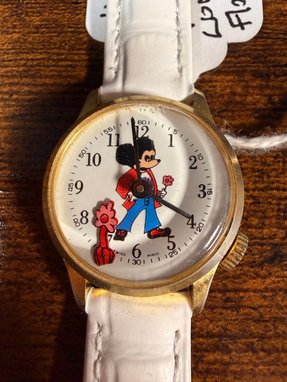 Vintage Swiss Made Mickey Mouse Flower Suitcase Watch Gold Tone Running